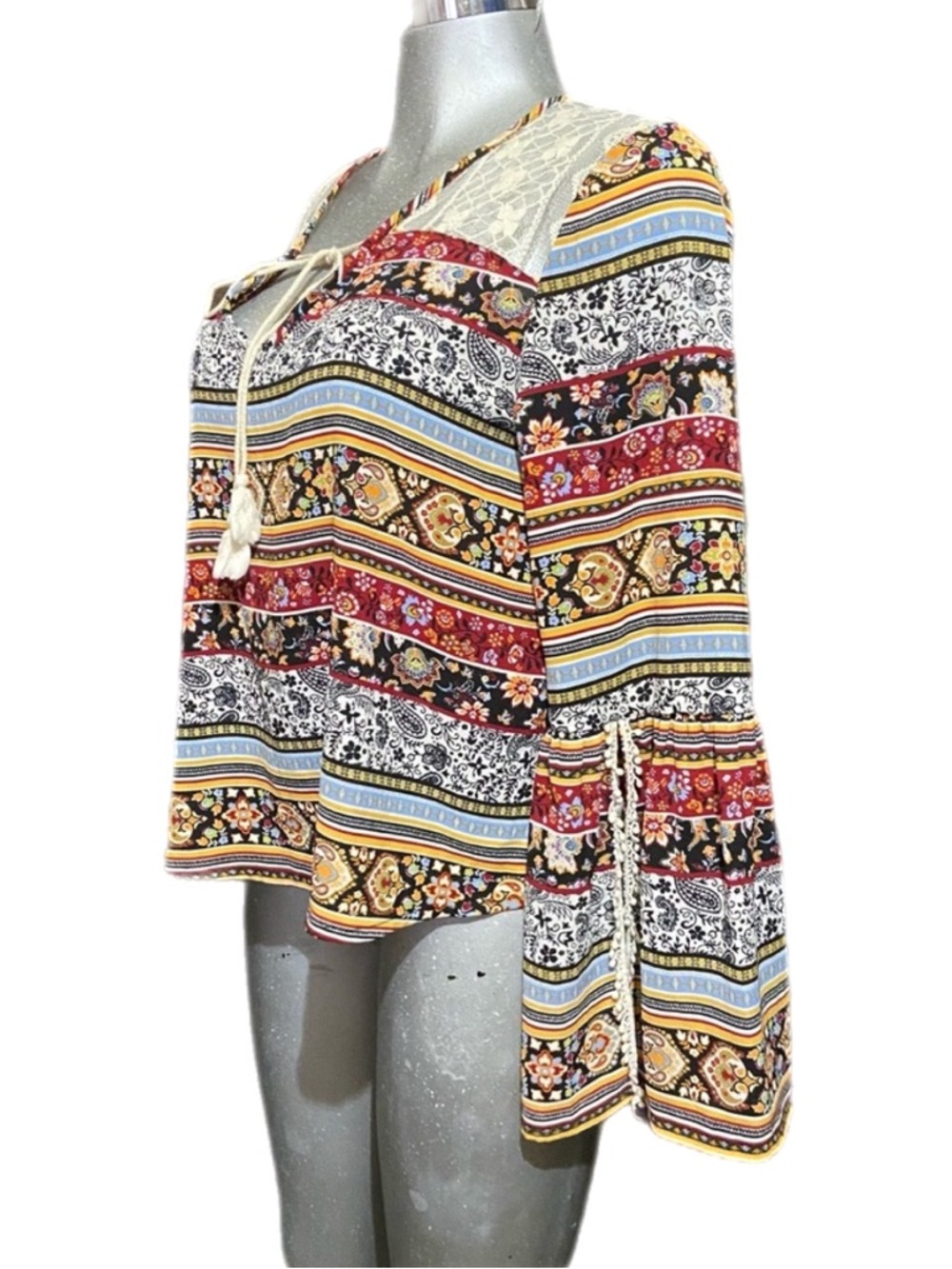 Olsenboye Bohemian Blouse Top Sz XL Peasant Floral Paisley Lace Long Bell Sleeve